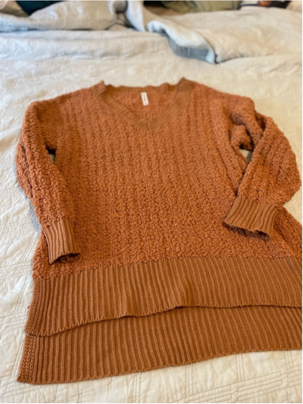 Zenana Outfitters Rust Popcorn Knit V-Neck Sweater